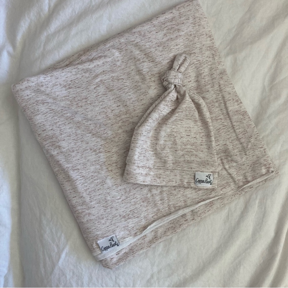Copper Pearl Baby Swaddle Blanket and Hat in Oat